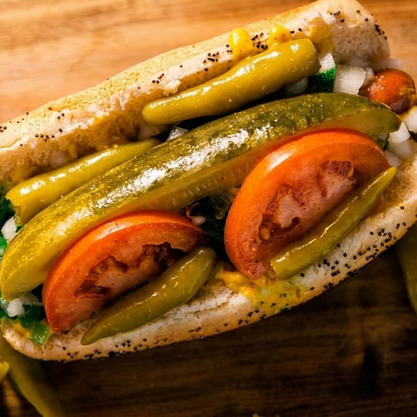 A Chicago-style hot dog with tomatoes, pickles, relish, and mustard on a poppy seed bun.