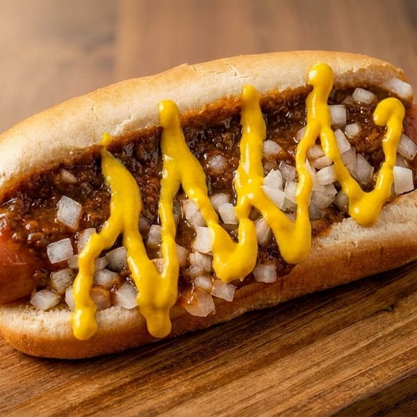 A chili dog with mustard and diced onions on a wooden cutting board.