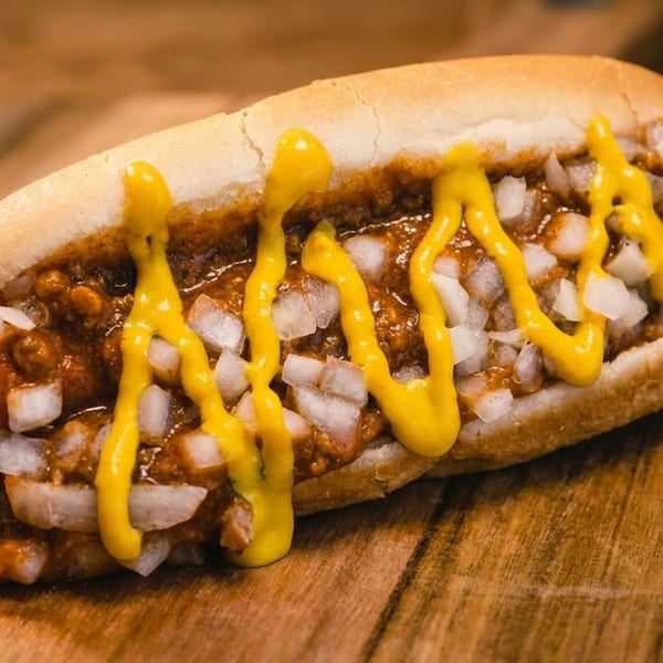 Chili dog with diced onions and mustard on a wooden board.