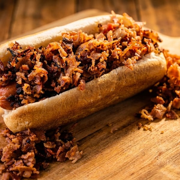 Hot dog in a bun, generously topped with crispy bacon bits, on a wooden cutting board.