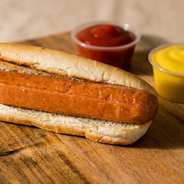 Grilled hot dog in a bun with small containers of ketchup and mustard on a wooden board.