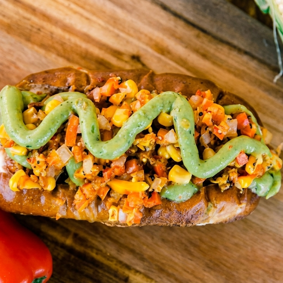 Gourmet hot dog topped with corn salsa and green sauce, alongside peppers and an ear of corn.