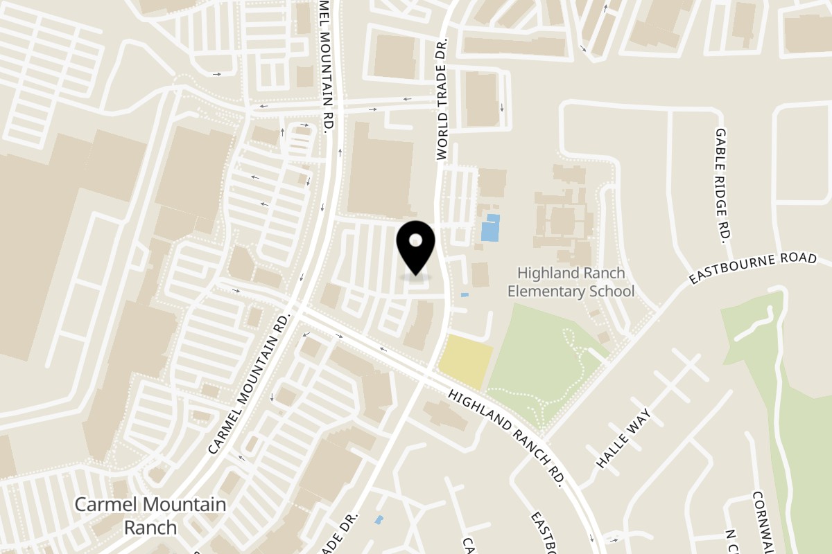 Map showing the location of Duff's Doggz on 12047 Carmel Mountain Rd in San Diego